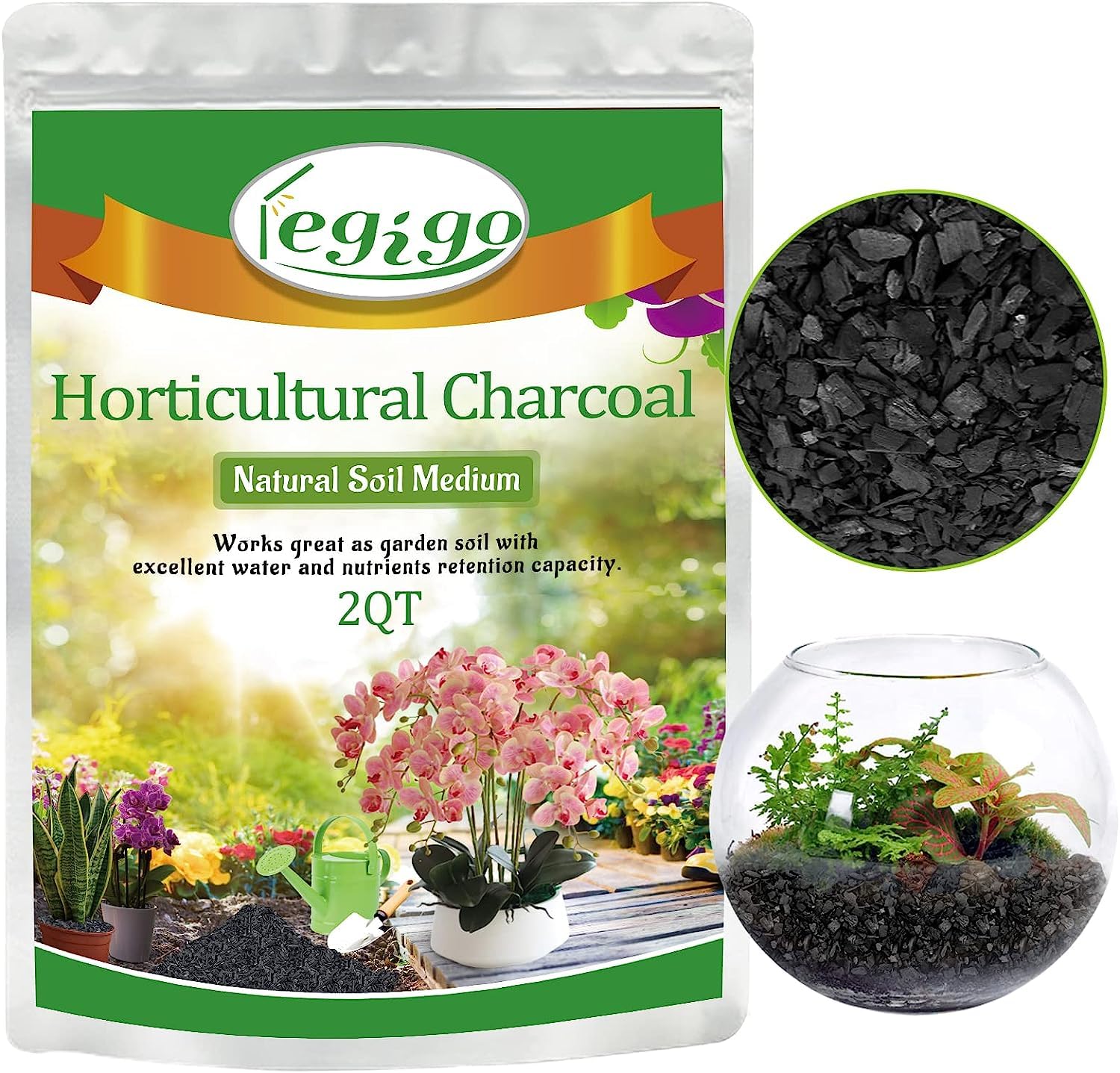 Legigo 2QT Horticultural Charcoal - Premium Hardwood Biochar Soil Amendment for Plants | Activated Charcoal for Terrariums, Indoor Plants, Orchids & Succulents | Improves Drainage & Soil Aeration for Healthier Plants