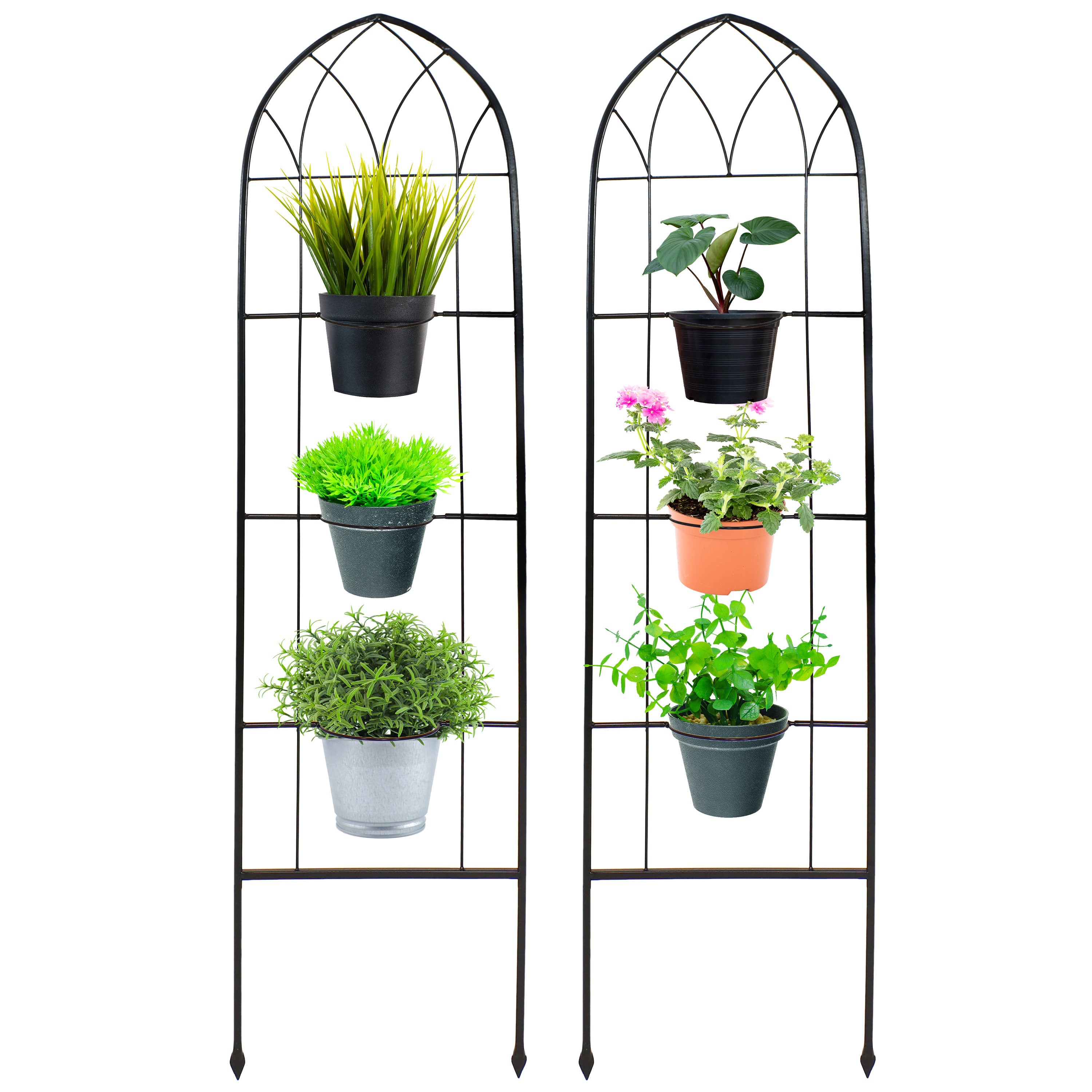 Sunnydaze 2-Piece Arched Garden Trellis with Folding Flowerpot Supports - Sturdy Metal Plant Climbing Frame for Vines, Roses & Outdoor Decor - Perfect for Patio, Backyard & Garden Landscaping