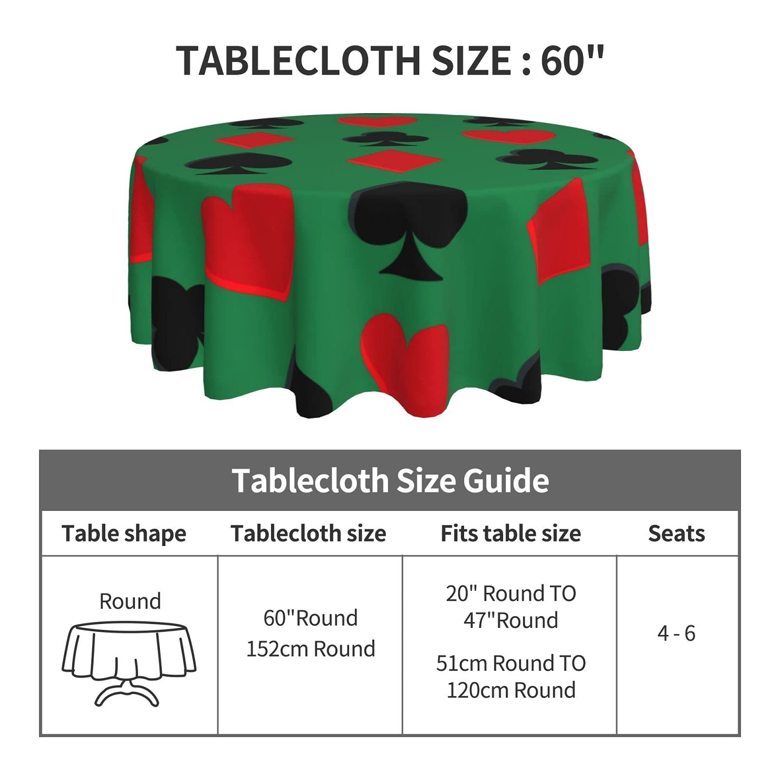 Waterproof 60 Inch Round Tablecloth - Durable Playing Cards Design for Outdoor Patio, Picnic, Wedding & Indoor Kitchen Decor - Perfect for Parties, Dinner & Special Events