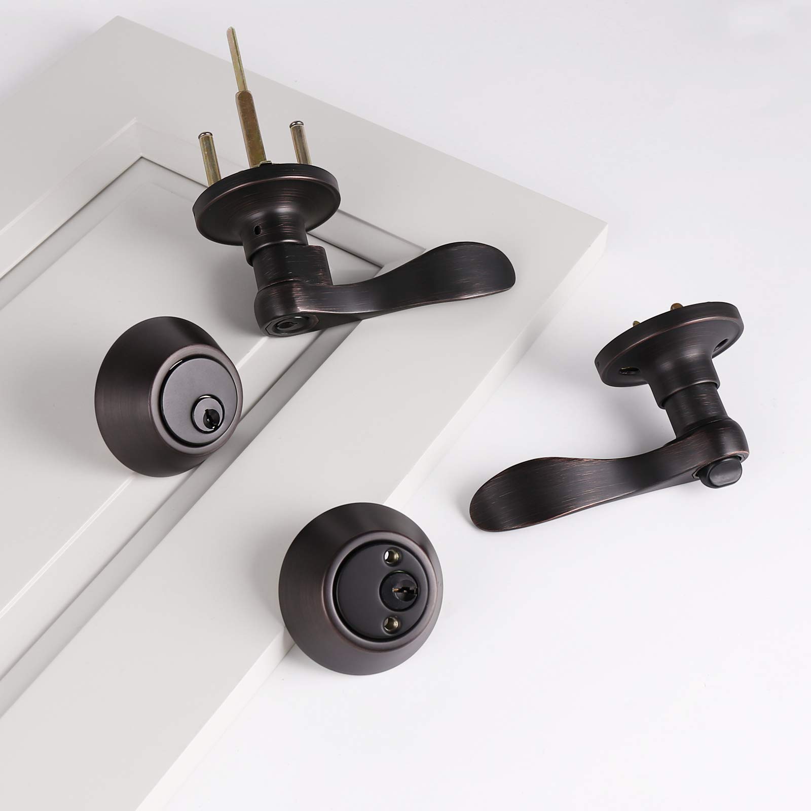4 Sets Oil Rubbed Bronze Entry Door Lever & Deadbolt Combo Pack - Keyed Alike Exterior/Interior Handlesets with Wave Design - Perfect for Home Security, Apartments & Office Buildings (Contractor Pack)