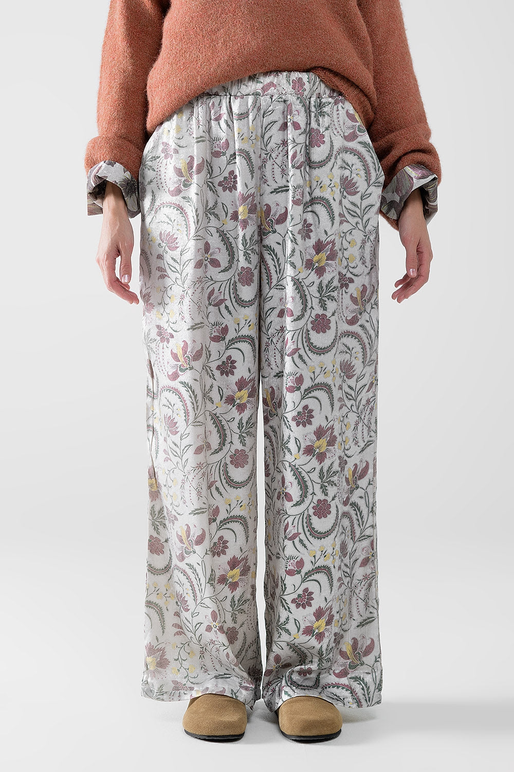 Grey Floral Print Satin Pants for Women - Elegant Lounge & Evening Wear