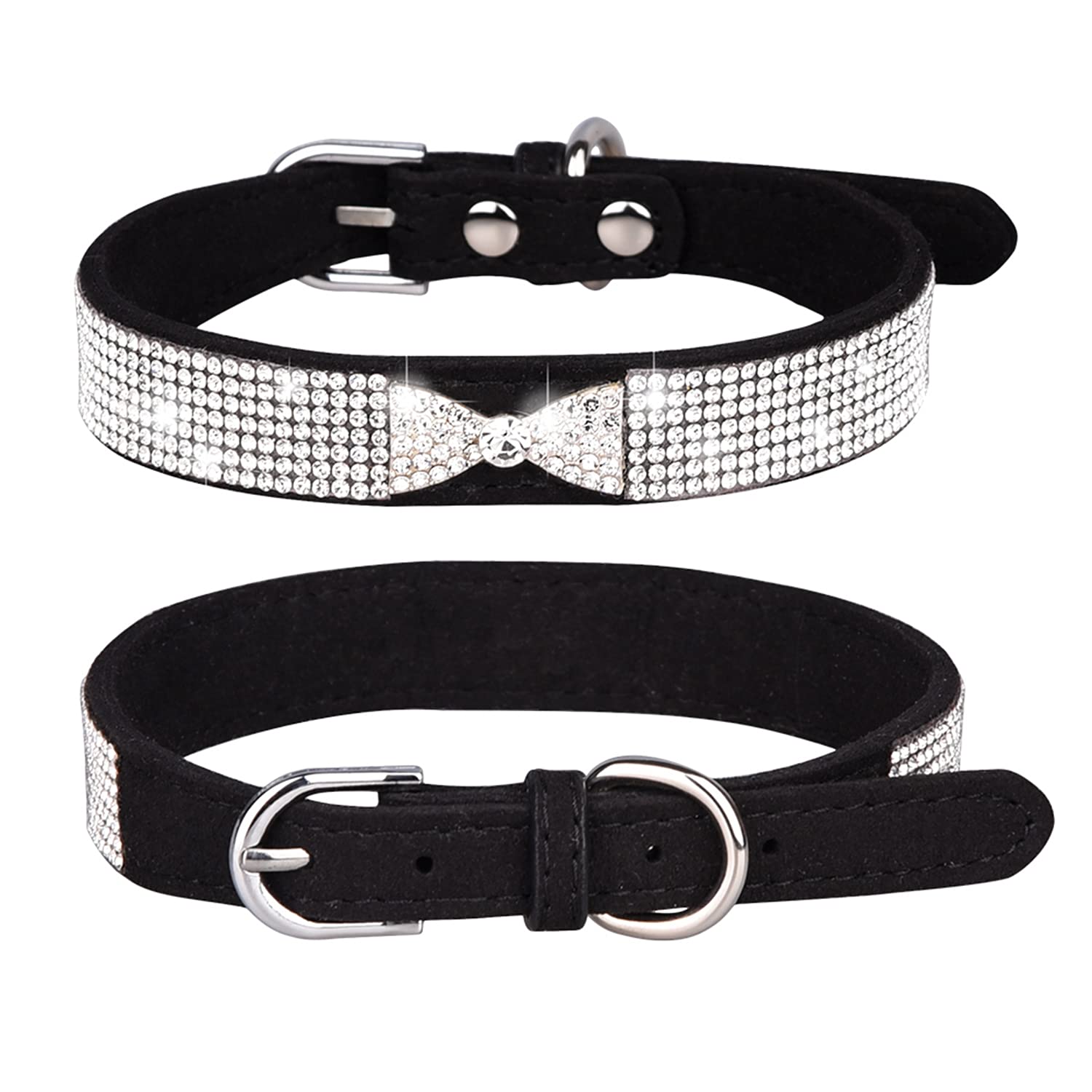 Sparkling Rhinestone Dog Collar - Soft Suede Leather Pet Necklace for Small Dogs & Cats - Elegant Black with Bowtie (12.5