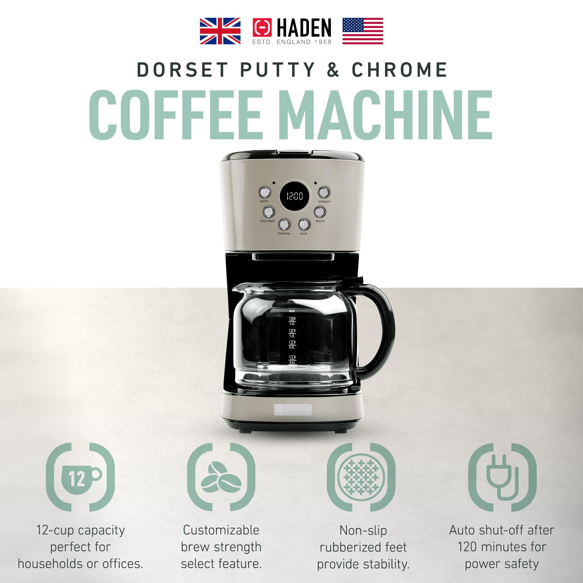 HADEN 12-Cup Programmable Drip Coffee Maker with Auto Shut-Off, Reusable Washable Filter & Keep Warm Function - Perfect for Home, Office & Breakfast Brewing (Putty)