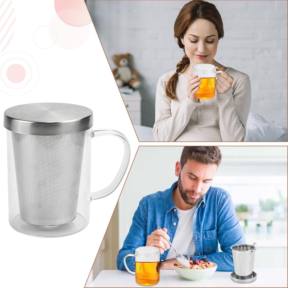 ADERTOS Glass and Stainless Steel Tea Infuser Mug with Lid - 100 Tea Filter Bags Included - Modern Tea Cup for Office, Home, and Relaxation - Perfect for Hot Tea, Iced Tea, and Herbal Infusions
