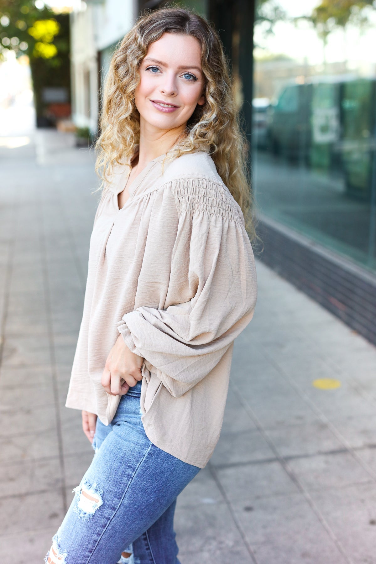 Boho Chic Taupe Smocked Bubble Sleeve Blouse with Notched Neckline - Perfect for Summer Festivals & Beach Vacations