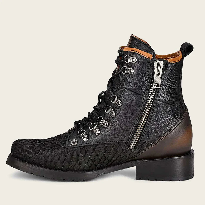 4D10MH Men's Vintage Fashion Pirarucu Ankle Boots - Black Casual Leather Booties for Everyday Wear & Outdoor Adventures