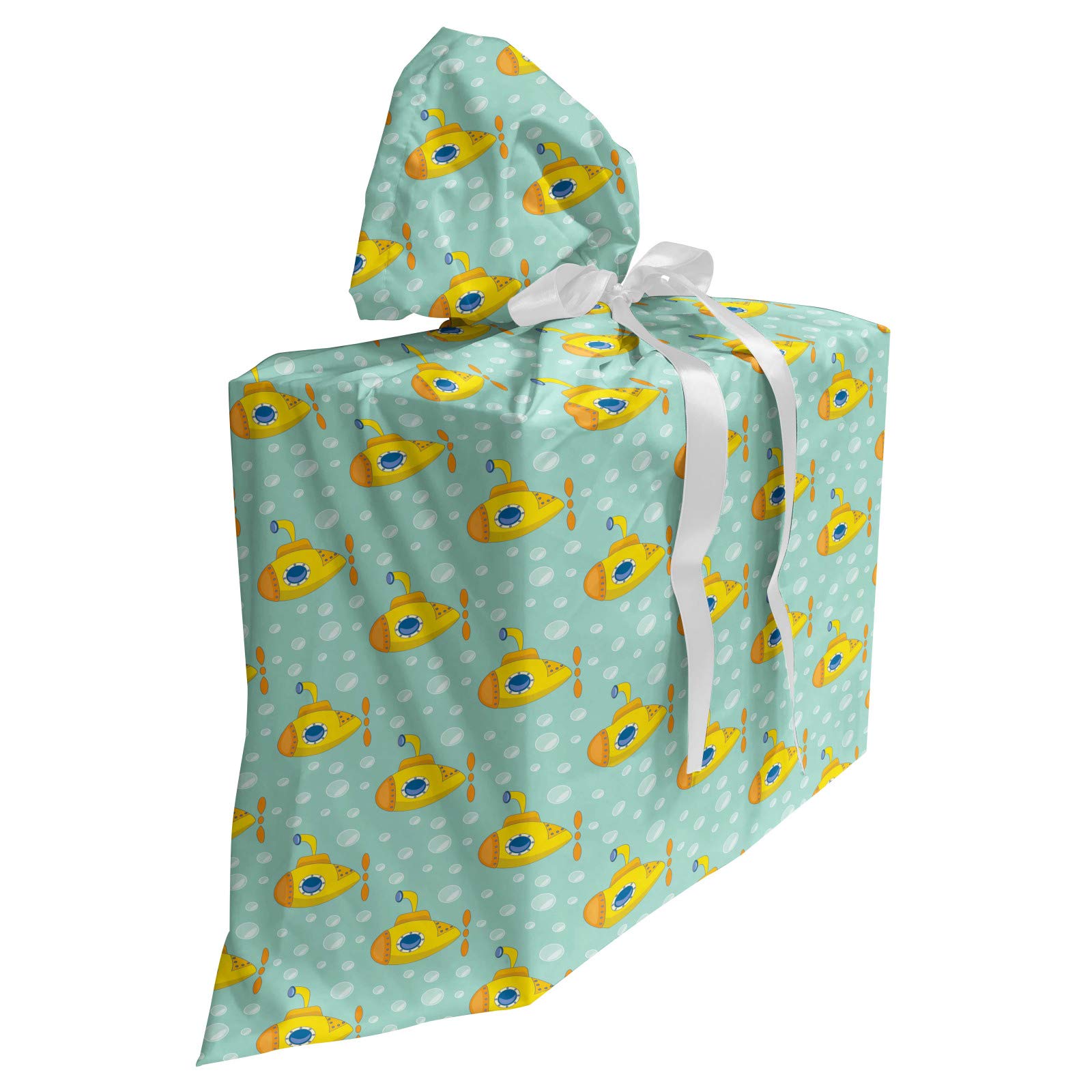 Ambesonne Yellow Submarine Fabric Gift Bag - Nautical Design with Submarine & Bubbles, Party Birthday Present Sack with 3 Ribbons (27