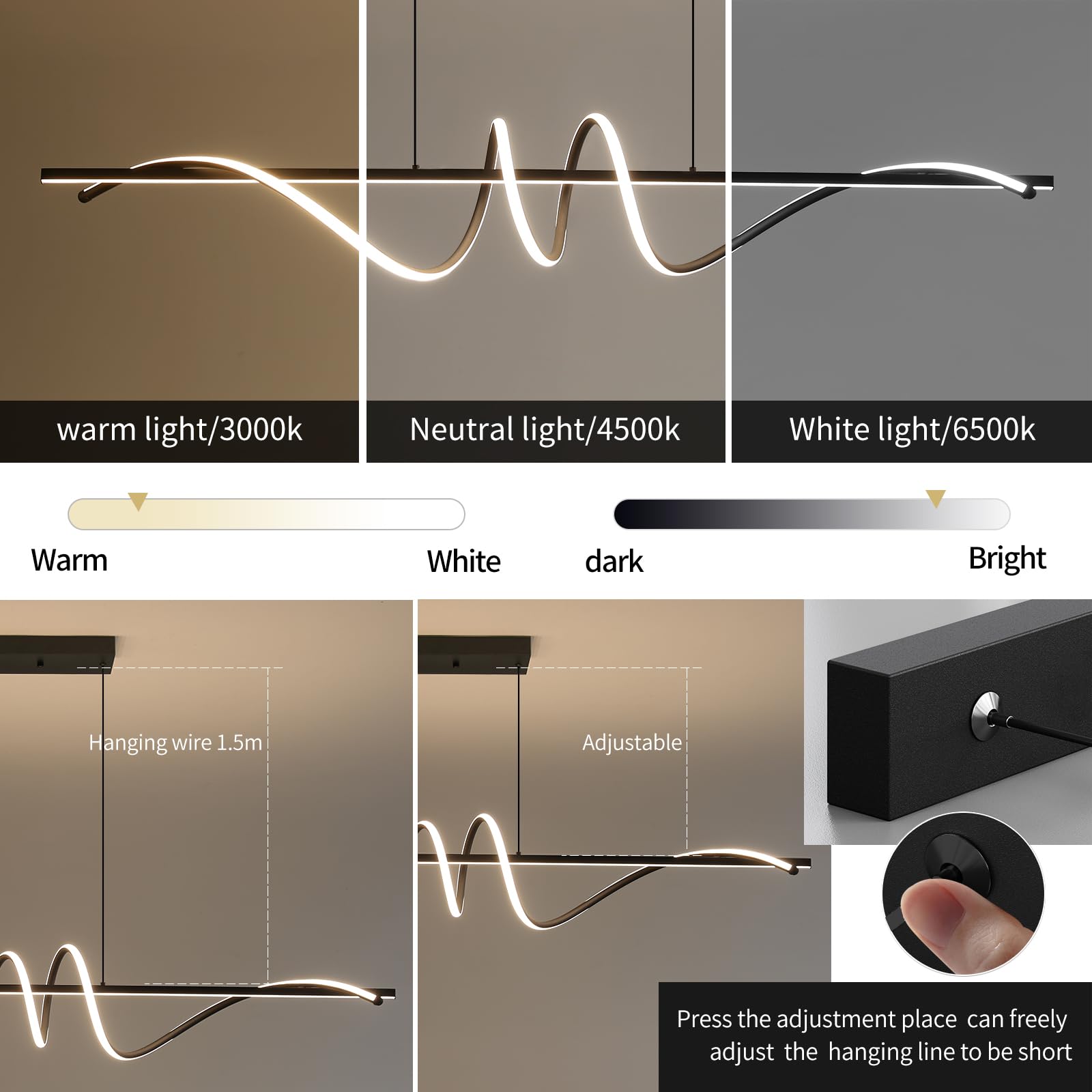 Modern Ceiling Chandelier Light with Remote Control - Dimmable 3 Color Modes (Warm/Cool/Neutral) & Adjustable Brightness, Anti-Flicker Pendant Lamp for Kitchen, Dining Room, Bedroom, Living Room, Bar and Office Lighting