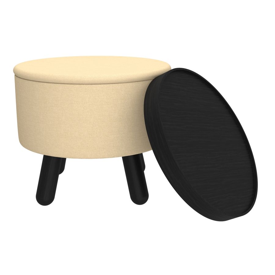 Round Storage Ottoman with Tray - Beige & Black Upholstered Footrest Stool for Living Room, Bedroom & Nursery | Multi-Functional Seat with Hidden Storage Space