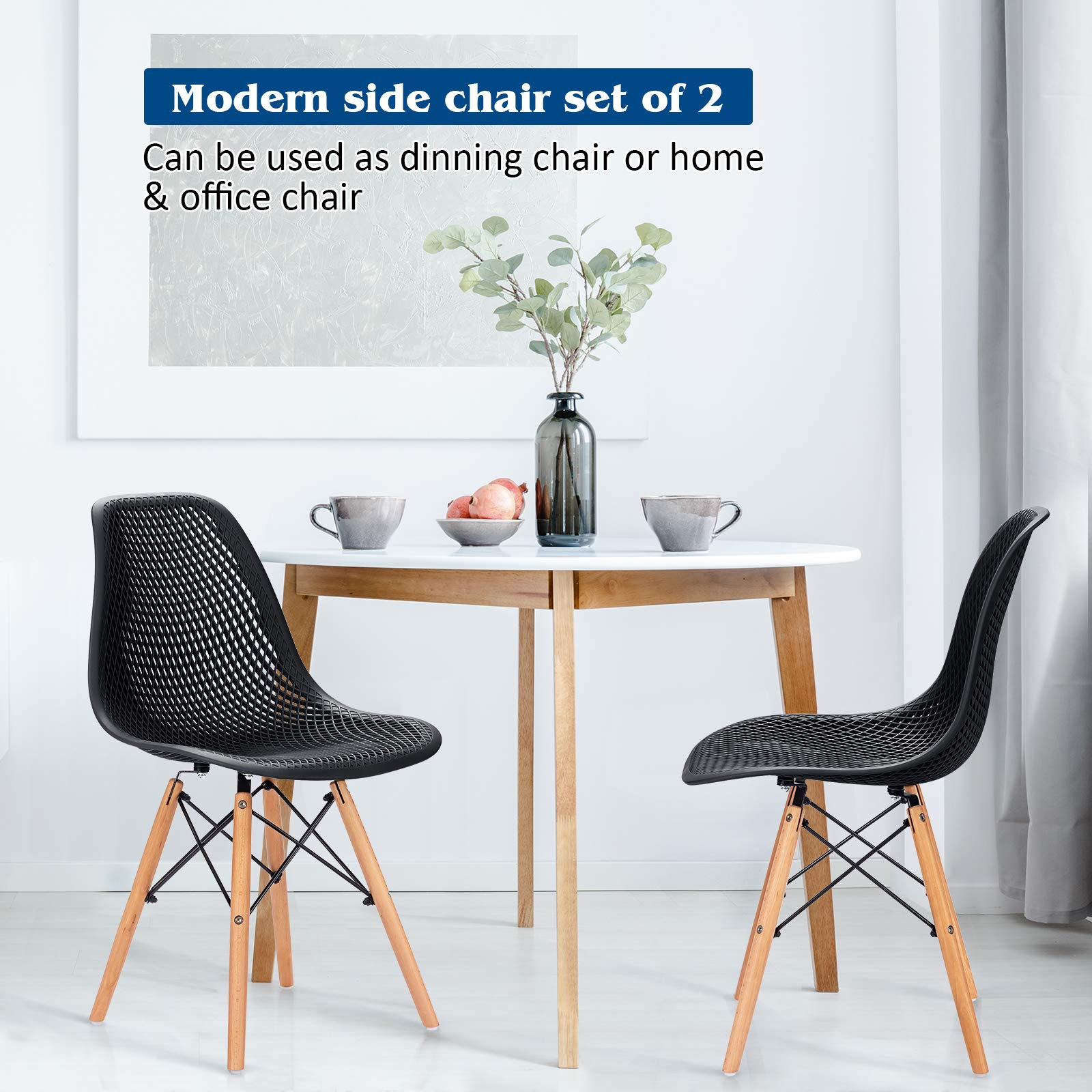 Modern Dining Chairs Set of 2 - Indoor/Outdoor Shell PP Lounge Side Chairs with Mesh Design & Beech Wood Legs - Tulip Leisure Chairs for Kitchen, Dining Room, Patio, and Office - Black