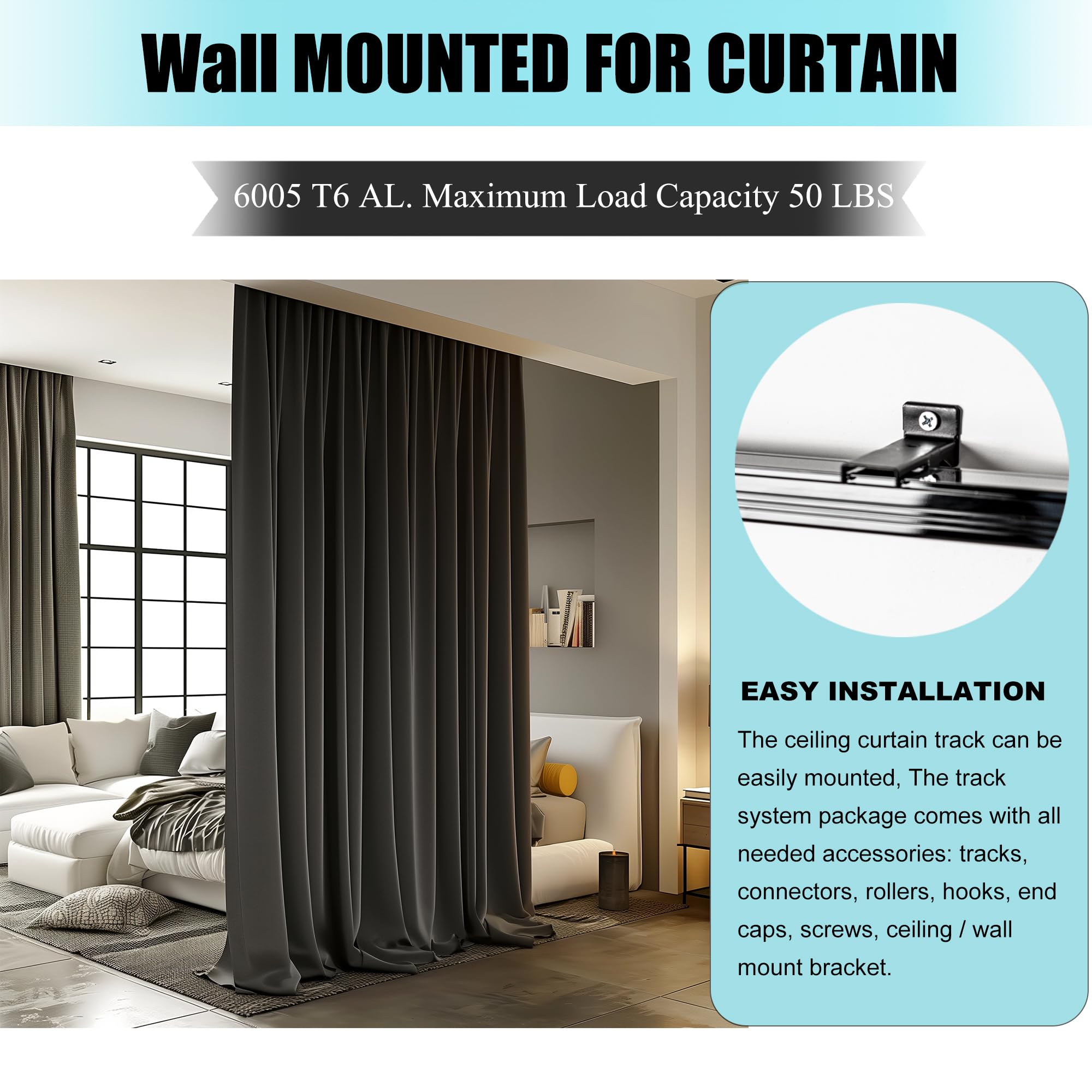 Heavy Duty Ceiling Curtain Track Rod - Black Wall Mount Room Divider Rail System with Rollers & Hooks for 6-9ft - Perfect for RV, Bedroom, Office and Home Partitioning