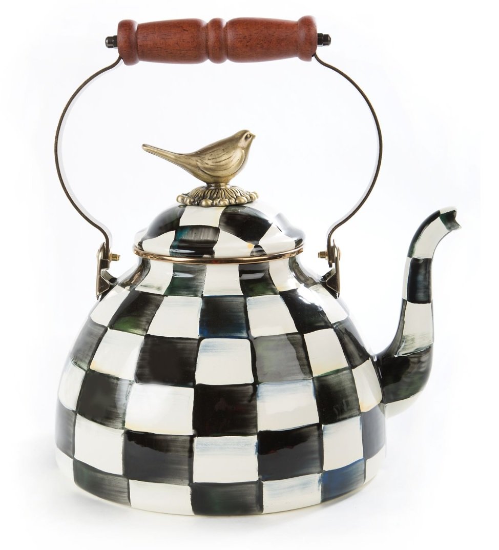 MACKENZIE-CHILDS Enamel Tea Kettle - 3-Quart Stovetop Kettle with Bird Topper, Black & White Courtly Check Design - Perfect for Tea Lovers, Kitchen Decor & Gift Giving