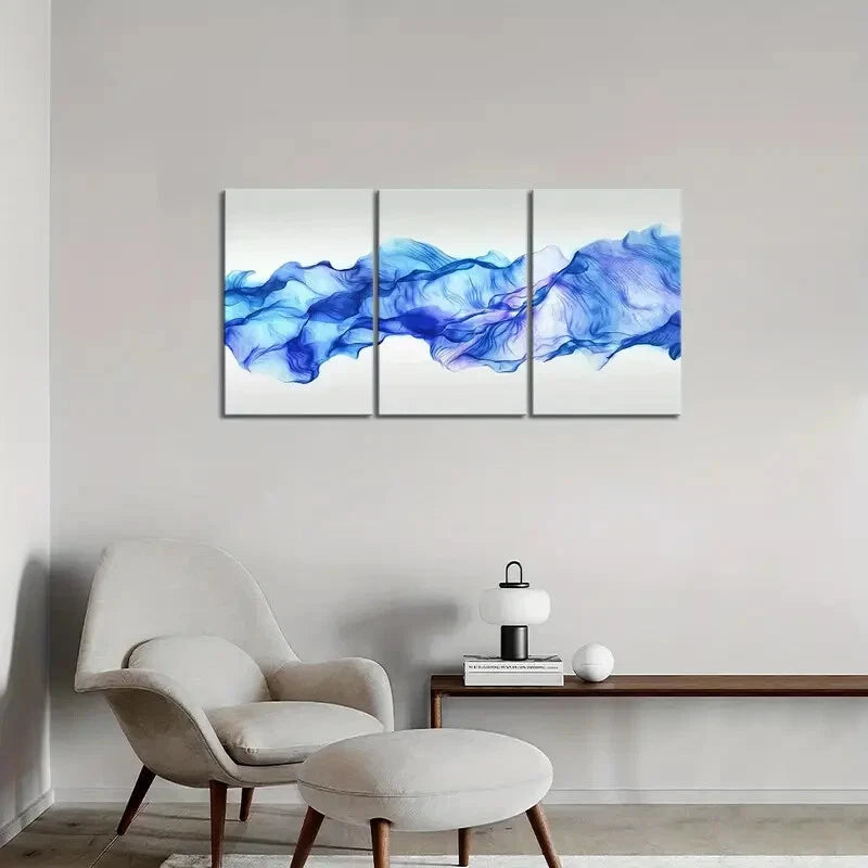 3-Piece Abstract Blue Smoke Painting Metal Prints - Ready to Hang Wall Art Decor for Living Room, Bedroom & Office
