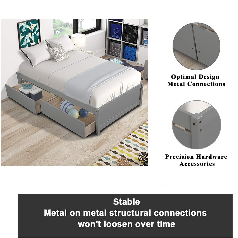**Twin Size Wooden Platform Bed Frame with 2 Storage Drawers - Sturdy 10-Slat Support for Kids & Toddlers (Dark Grey) - No Box Spring Needed, Easy Assembly - Perfect for Small Bedrooms & Space-Saving Kids' Rooms**