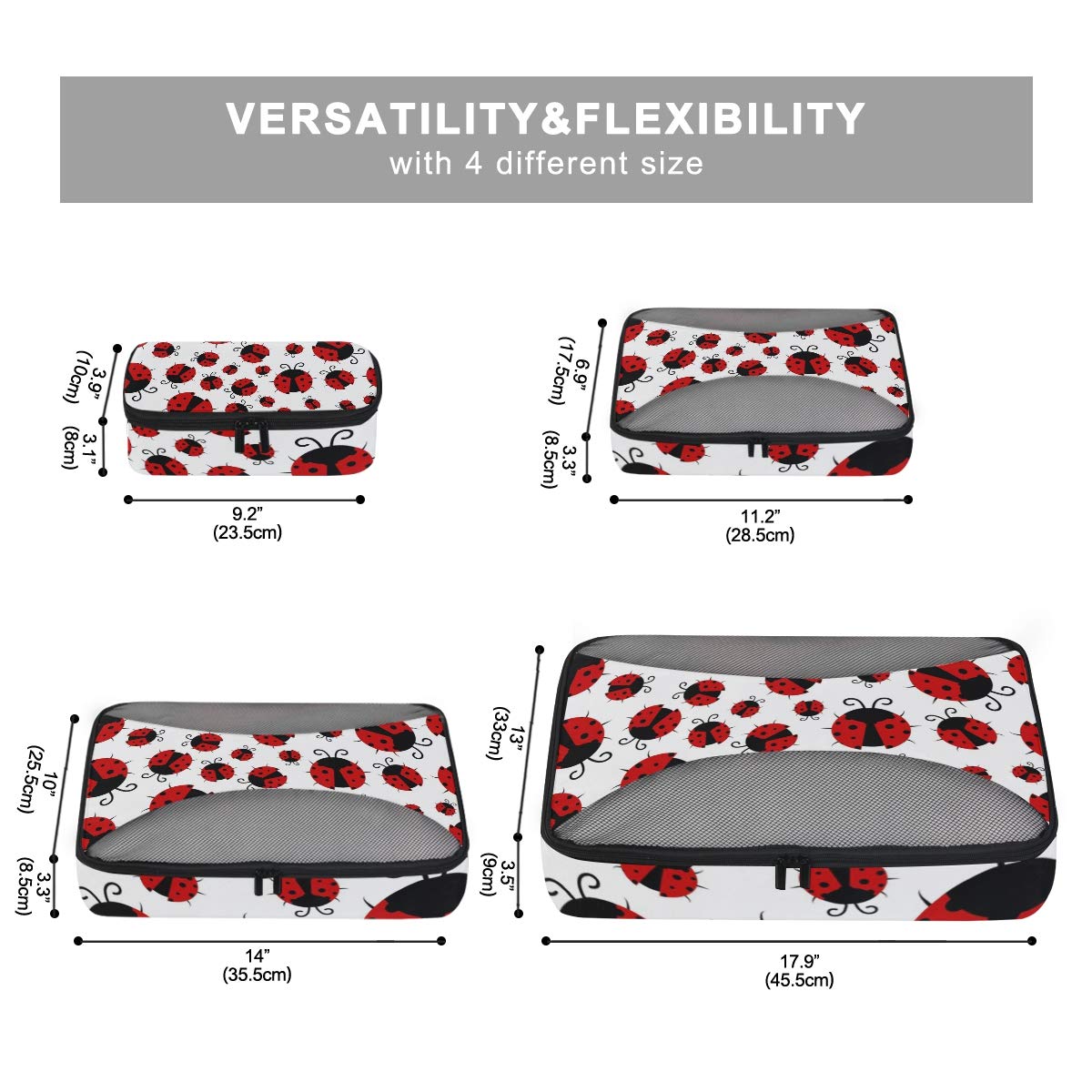4-Piece Ladybugs Print Packing Cubes Set - Travel Luggage Organizers with Mesh Storage Bags for Suitcases | Perfect for Vacation, Business Trips & Weekend Getaways
