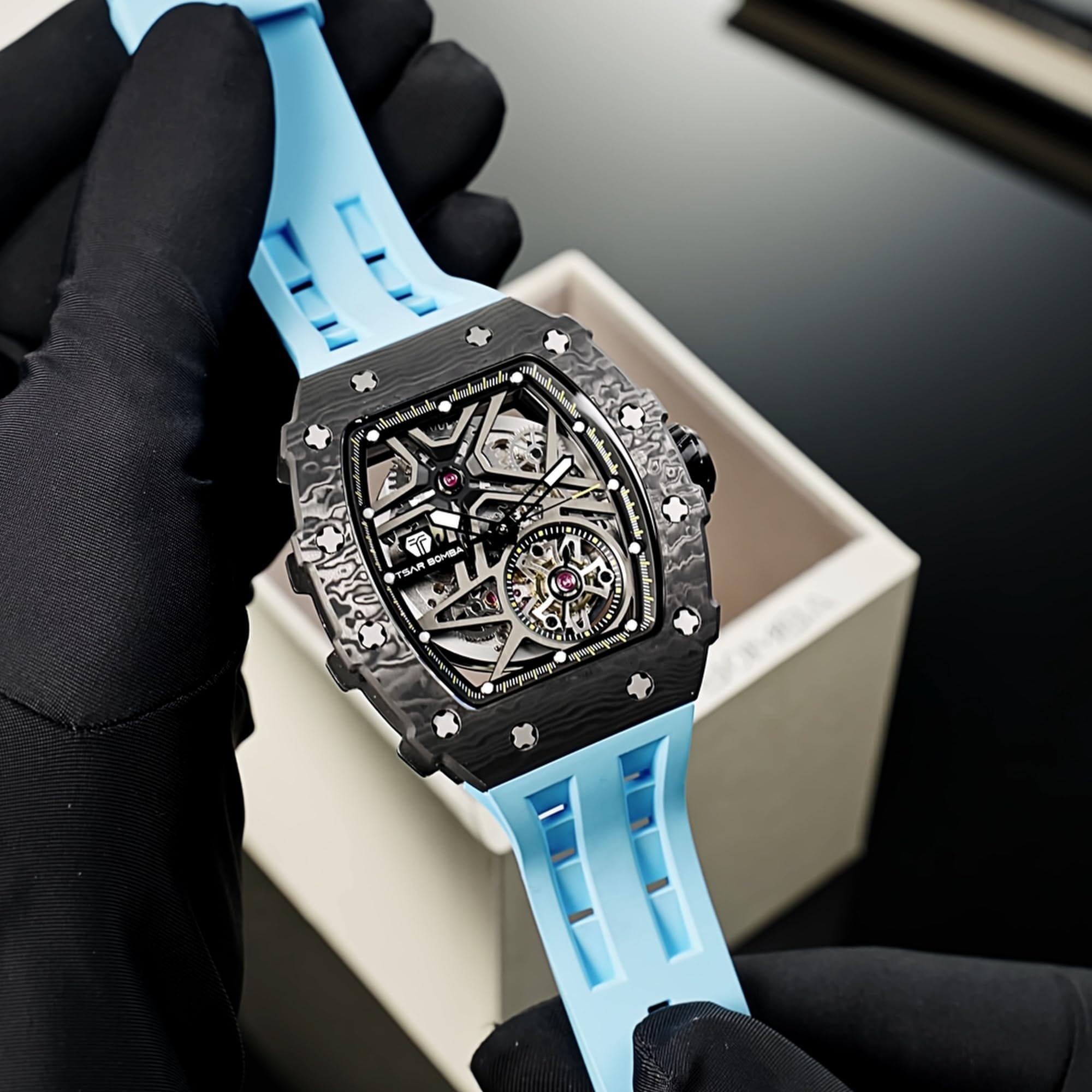 TSAR BOMBA Men's Luxury Automatic Skeleton Watch - Silver Square Big Face, 50M Waterproof, Silicone Strap - Perfect for Business, Casual & Formal Wear - Unique Analog Wristwatch for Men
