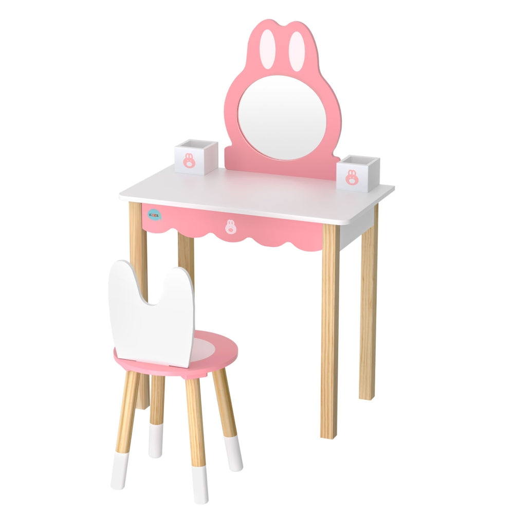 Keezi Kids Wooden Bunny Dressing Table Set - Pink Vanity for Girls Bedroom, Pretend Play & Makeup Dress Up (1 Set) - Perfect for Birthday Gifts, Princess Room Decor & Toddler Imaginative Play