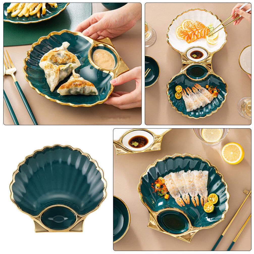 DOITOOL Ceramic Sushi Plate with Sauce Compartment - Seashell Shaped Japanese Sushi Serving Dish for Sushi, Dumplings & Snacks - Elegant Home & Kitchen Dinnerware (Green) | Perfect for Parties, Restaurants & Asian Cuisine Lovers