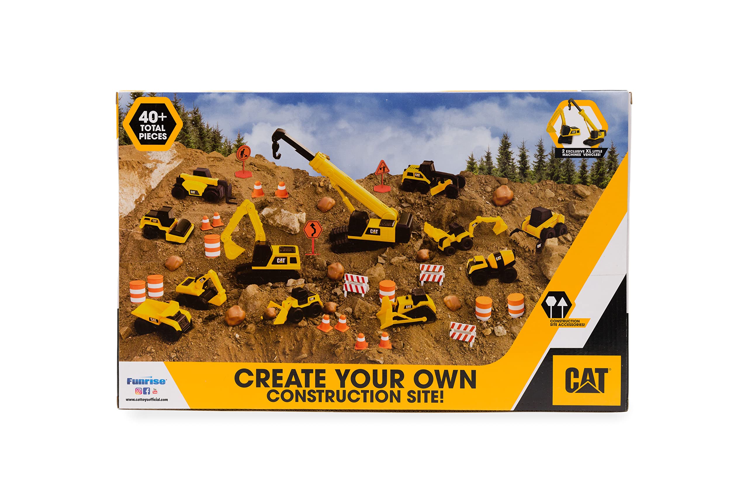 CAT Construction Toys 40-Piece Mega Set - Yellow Vehicles & Accessories with Dump Truck, Crane, Excavator, Bulldozer for Kids Ages 3+ | STEM Learning, Pretend Play & Construction Site Adventures