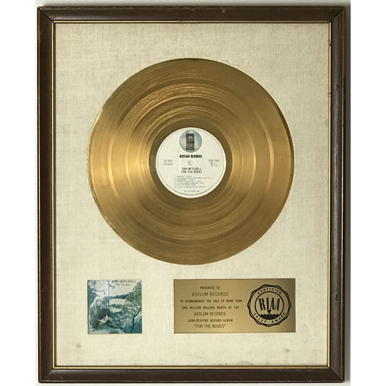 Joni Mitchell For The Roses White Matte RIAA Gold LP Award - Rare Vintage Vinyl Record Collector's Item - Perfect for Music Enthusiasts & Home Decor
