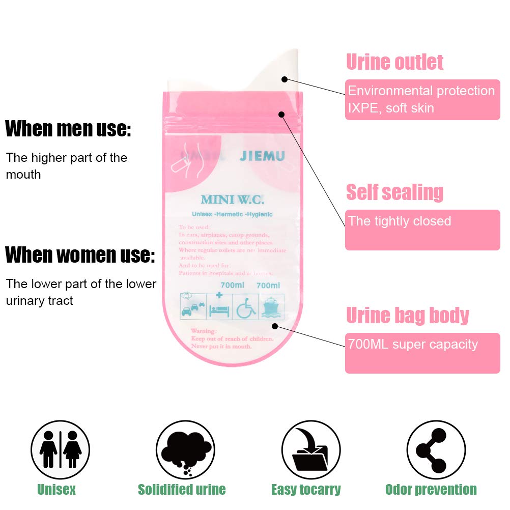 8 Pack Disposable Urine Bags for Travel & Emergency - Portable Pee Bags for Camping, Traffic Jams, Hospitals - Unisex Design for Men, Women & Kids - Ideal for Road Trips, Outdoor Adventures & Medical Needs (Pink)