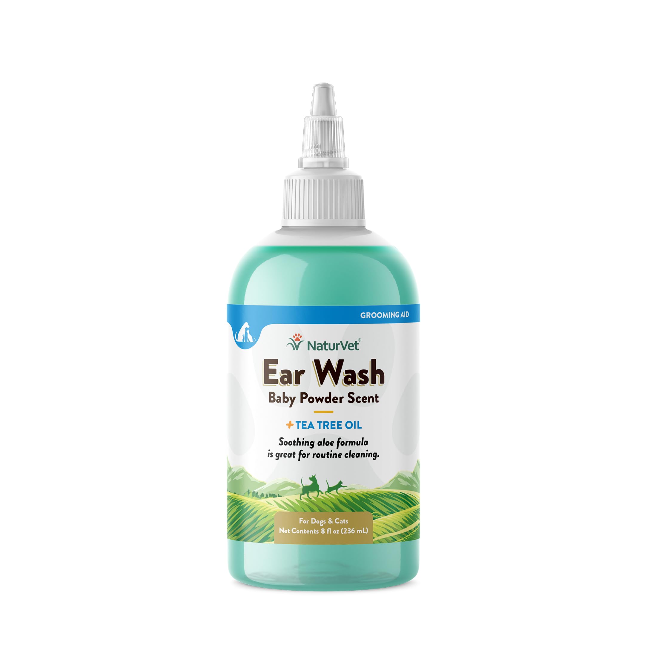 NaturVet Ear Wash with Tea Tree Oil, Aloe & Baby Powder Scent - 8 oz Dog Ear Cleaner Solution for Itchy Ears, Infections & Odor Control - Gentle Pet Ear Care for Dogs & Cats