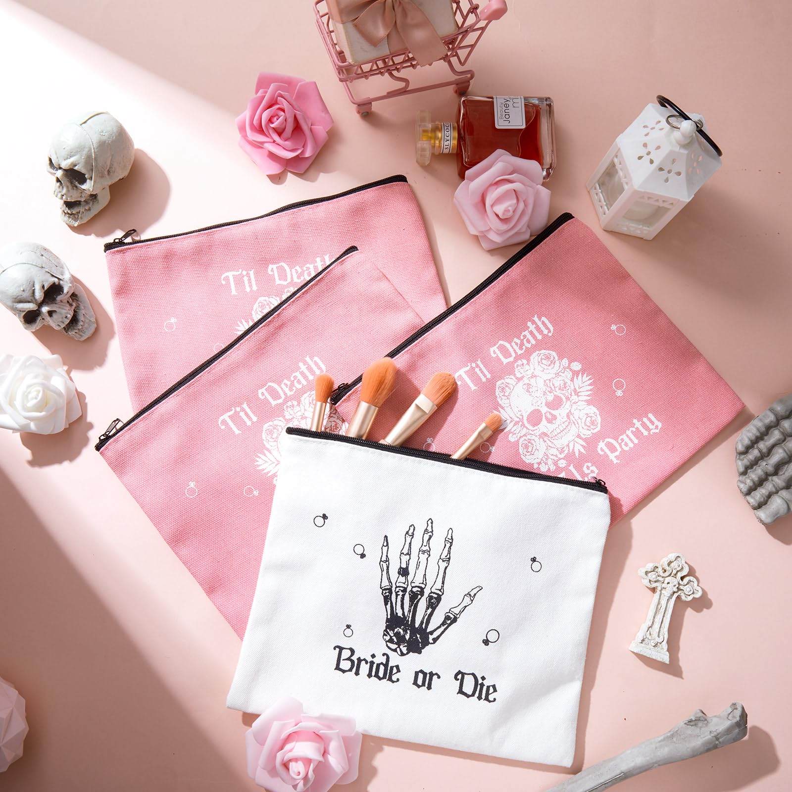 Silkfly 7-Piece Gothic Bride or Die Bachelorette Party Makeup Bag Set - Halloween Cosmetic Bags for Bridal Shower & Wedding Accessories - Perfect for Bachelorette Parties, Gothic Weddings & Halloween Events