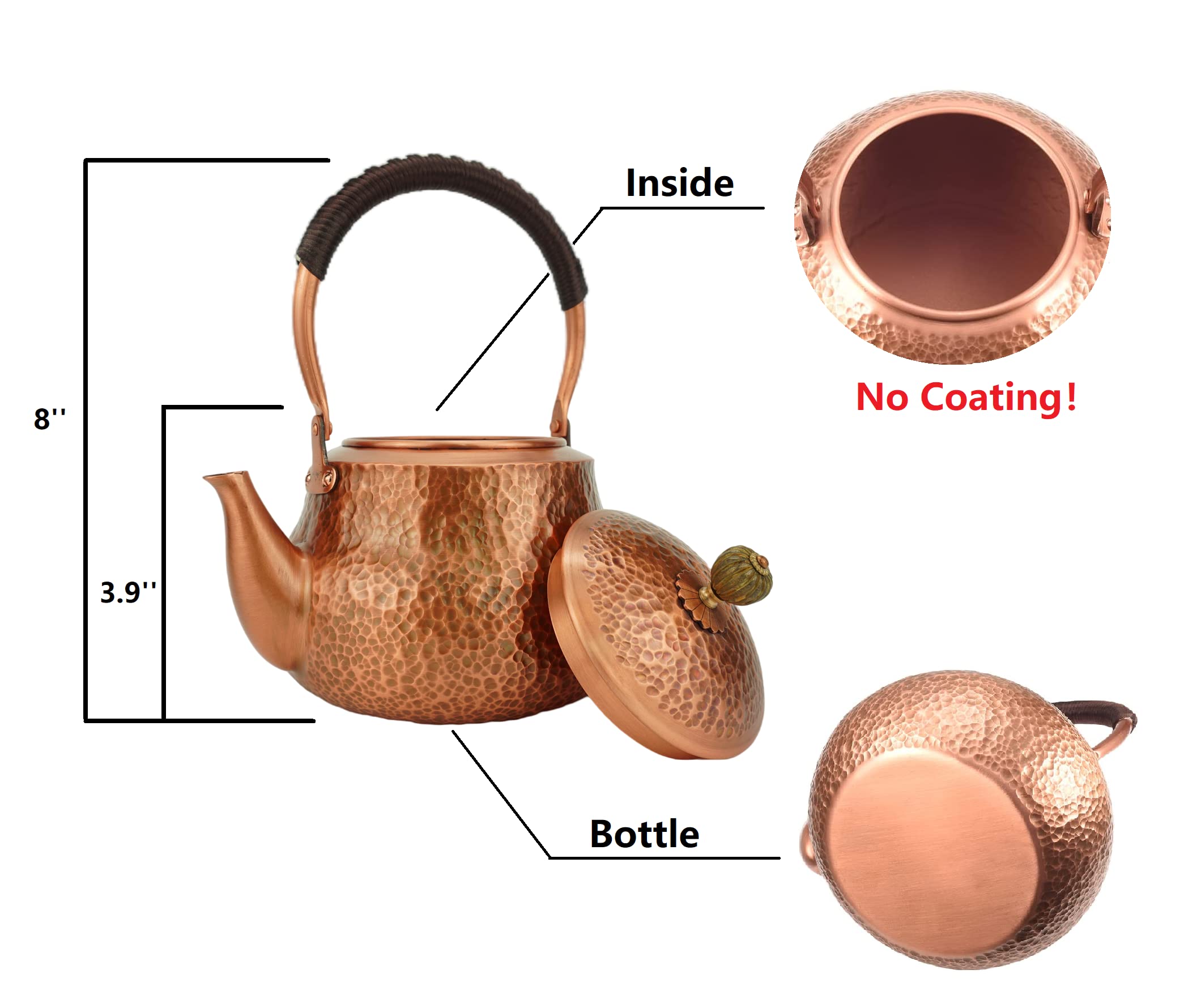 Handmade Solid Copper Tea Kettle - 1300ml Hammered Stovetop Teapot for Gas & Induction Cooktops - Pure Copper Teapot for Tea Brewing, Home Decor & Gift Giving