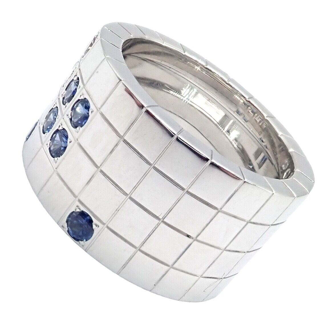 Cartier 18k White Gold Lanieres Diamond & Blue Sapphire Wide Band Ring - Size 6.5 (US 53) - Luxury Wedding Band, Anniversary Gift for Her, Elegant Jewelry for Special Occasions