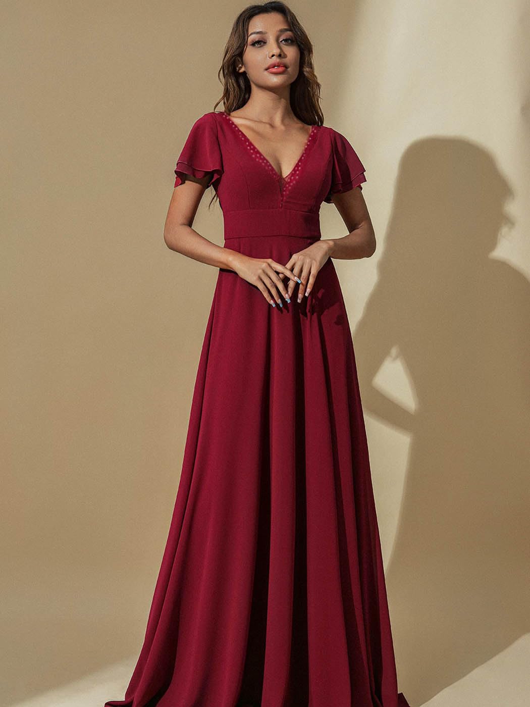 Elegant Aukmla Women's Red V-Neck Short Cap Sleeve Wedding Guest Dress - Formal Evening Gown for Bridal Shower, Cocktail Party & Special Occasions