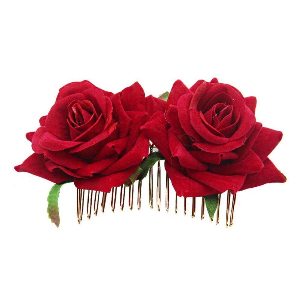 Artificial Silk Rose Hair Comb - Romantic Double Velvet Rose Metal Hair Clip for Women | Bridal Wedding Hair Accessories, Party & Special Occasion Hairstyles