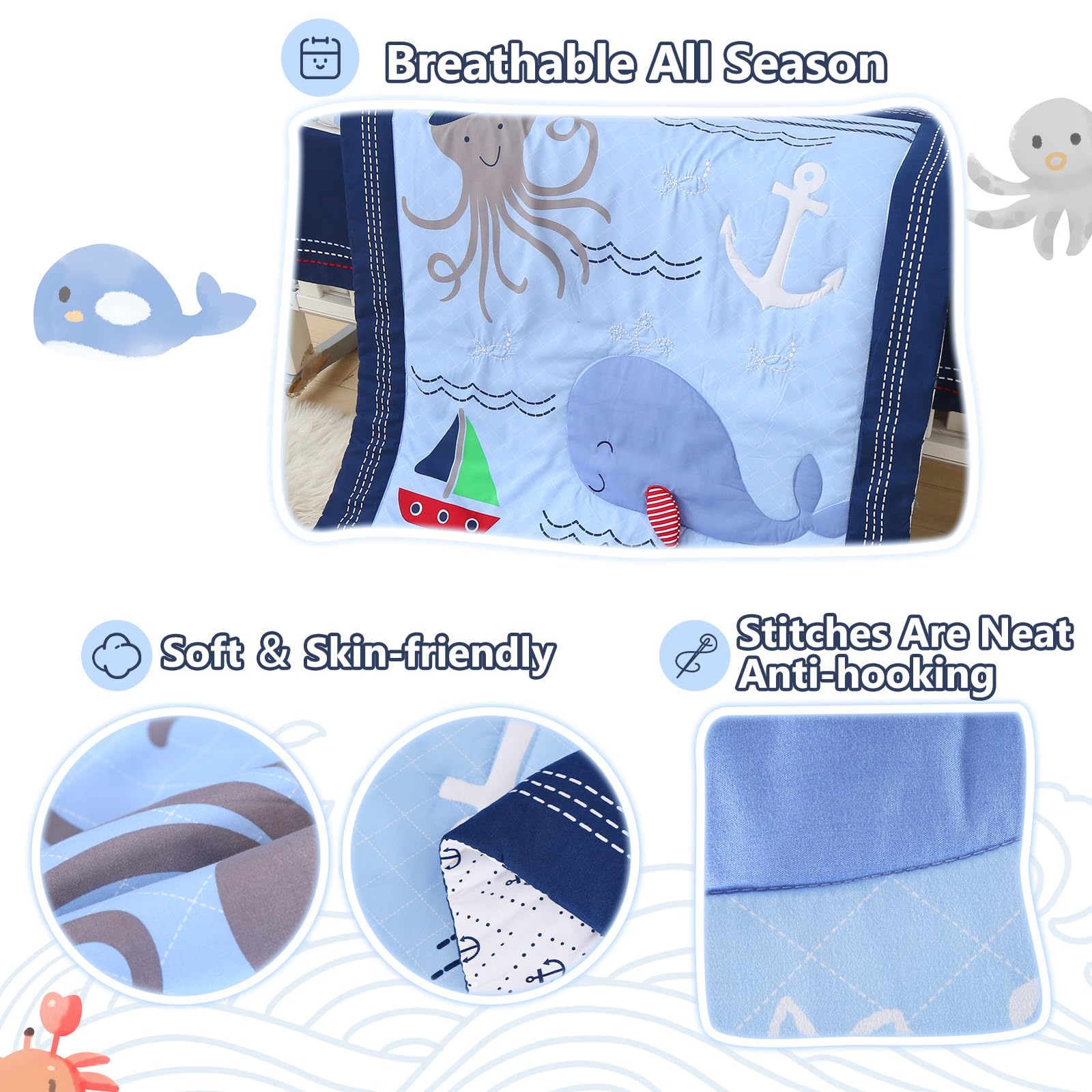 Wowelife 3-Piece Nautical Whale Crib Bedding Set - Ocean Theme Nursery Comforter, Fitted Sheet & Skirt | Soft Baby Boy Girl Bed Set for Coastal Nursery Decor