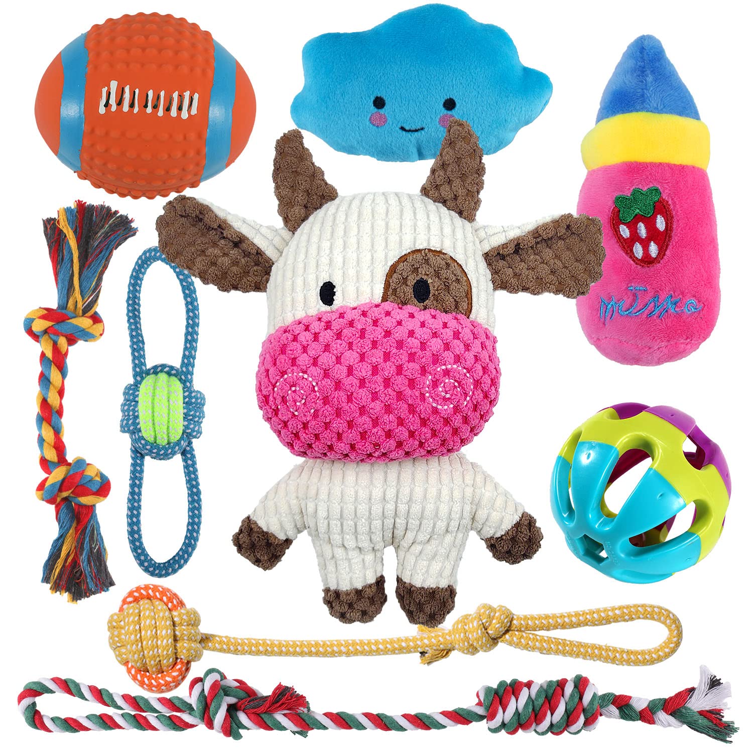 9 Pack Squeaky Dog Toys for Puppies & Small Dogs - Durable Teething & Chew Toys with Natural Cotton Rope, Safe Non-Toxic Calf Design - Perfect for Playtime, Training & Dental Health