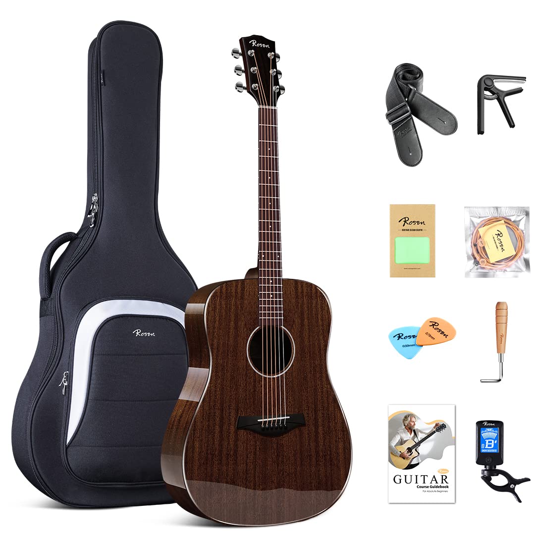 Rosen G31 Dreadnought Acoustic Guitar - 41 Inch Full Size Solid Mahogany Top with Gloss Finish - Starter Kit Includes Gig Bag, Strings, Strap & Picks - Perfect for Beginners, Campfires & Live Performances