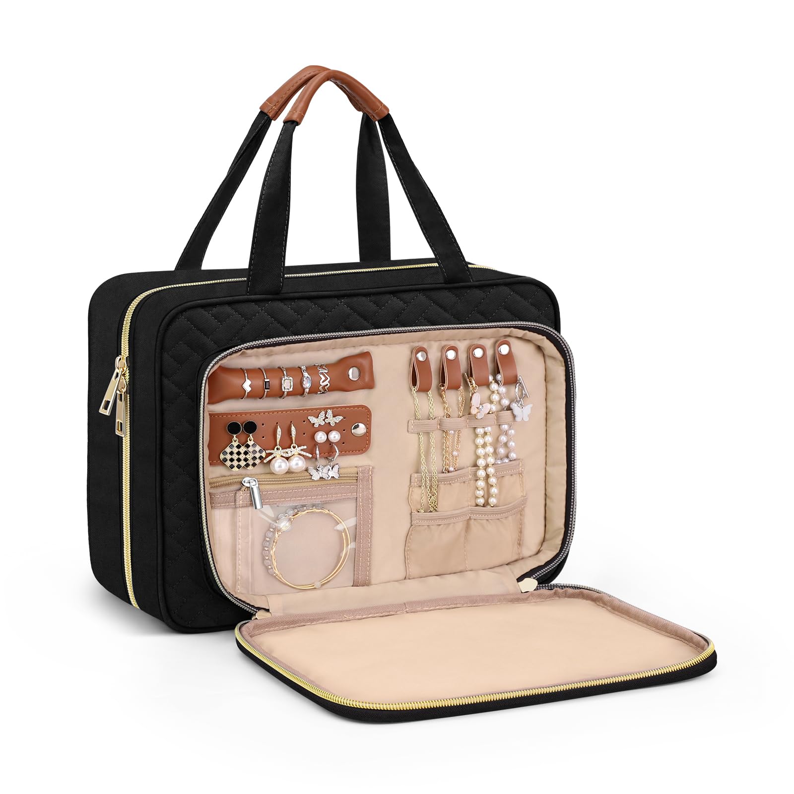 Wedama Hanging Travel Toiletry Bag for Women - Waterproof PVC Cosmetic Organizer with Jewelry Compartment, Medium Makeup Bag for Trips, Camping & Bathroom Use (Black+Brown) | Perfect for Business Travel, Gym & Weekend Getaways