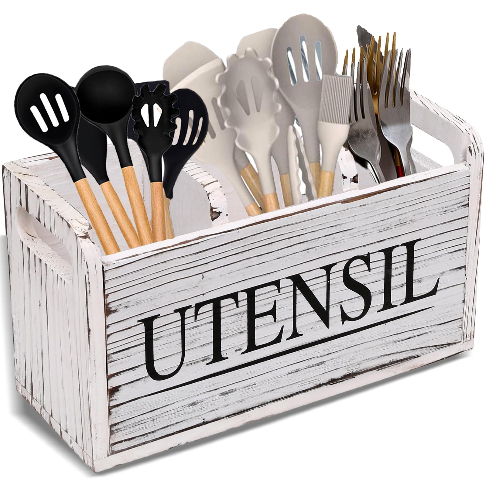 Farmhouse Style Wooden Kitchen Utensil Holder - 3 Compartment Countertop Organizer for Spoons, Forks & Cooking Tools (11.8