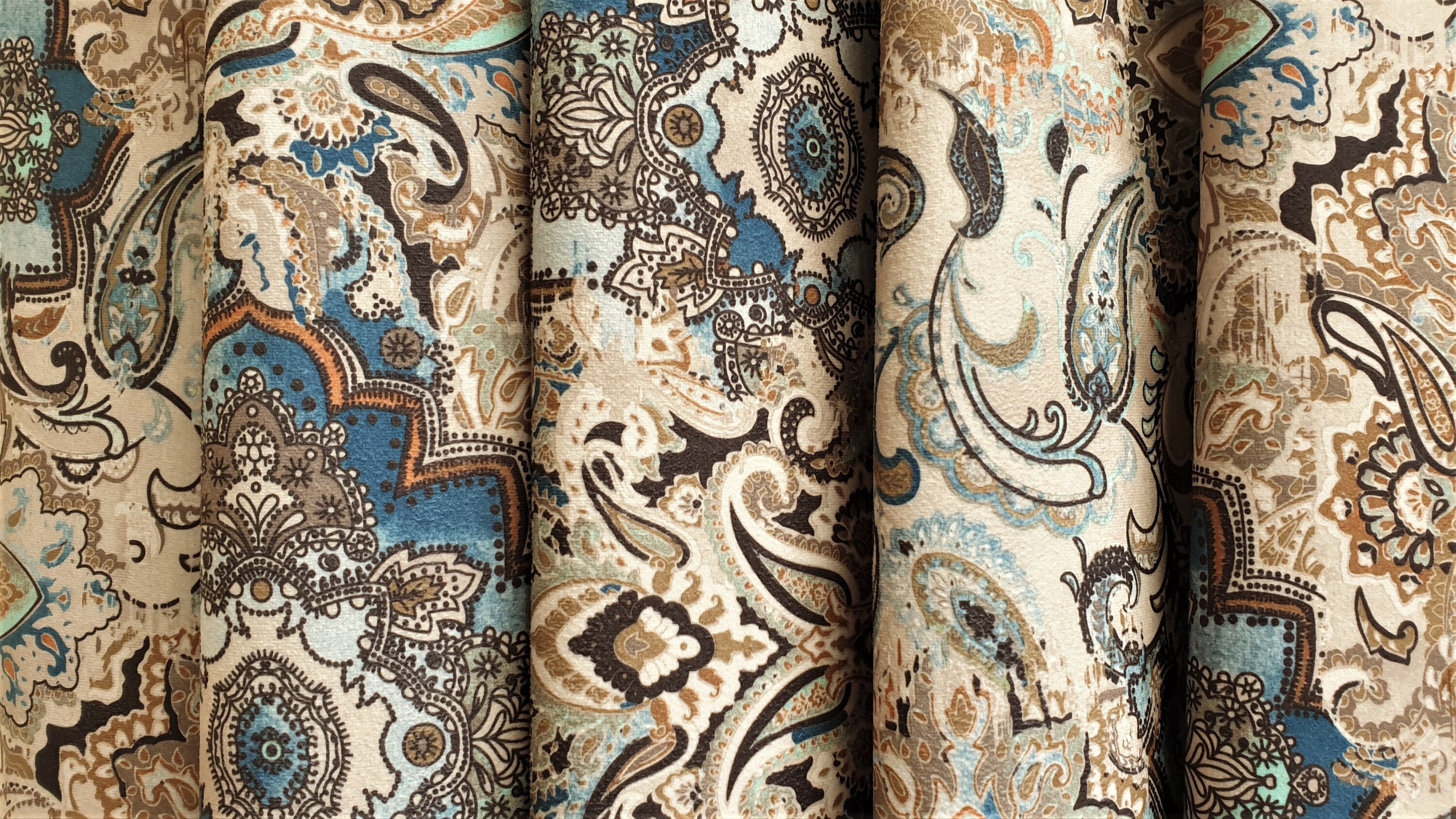 Beige & Blue Arabian Love Damask Print Velvet Curtain Panels - Elegant Window Treatments for Living Room & Bedroom Decor