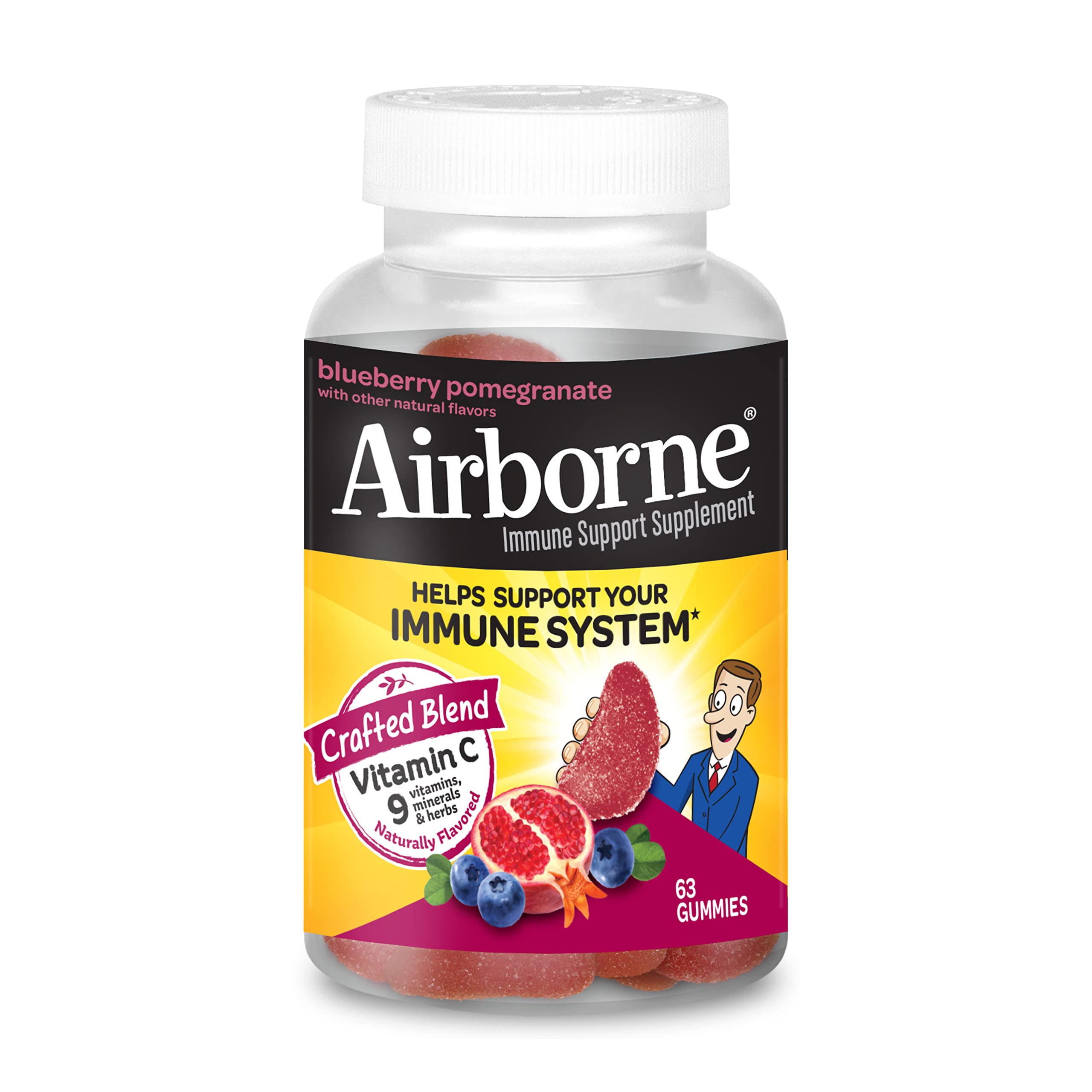 Airborne 750mg Vitamin C Gummies for Adults - Immune Support Supplement with Antioxidants Vitamins A, C & E - 63 Count Blueberry Pomegranate Flavor Gummy Vitamins - Boost Immunity & Energy for Workouts, Travel & Daily Wellness