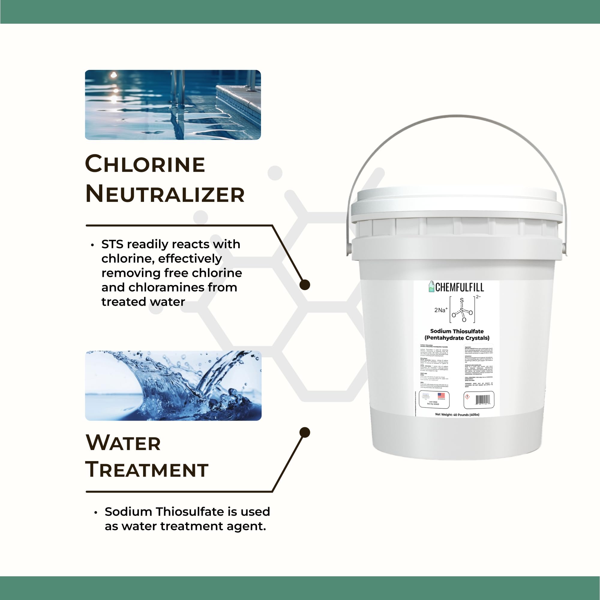 Chemfulfill Sodium Thiosulfate - 40 lbs Chlorine Neutralizer for Pools, Spas & Water Treatment | Removes Chlorine & Dechlorinates Water | Safe for Aquariums, Hydroponics & Industrial Use