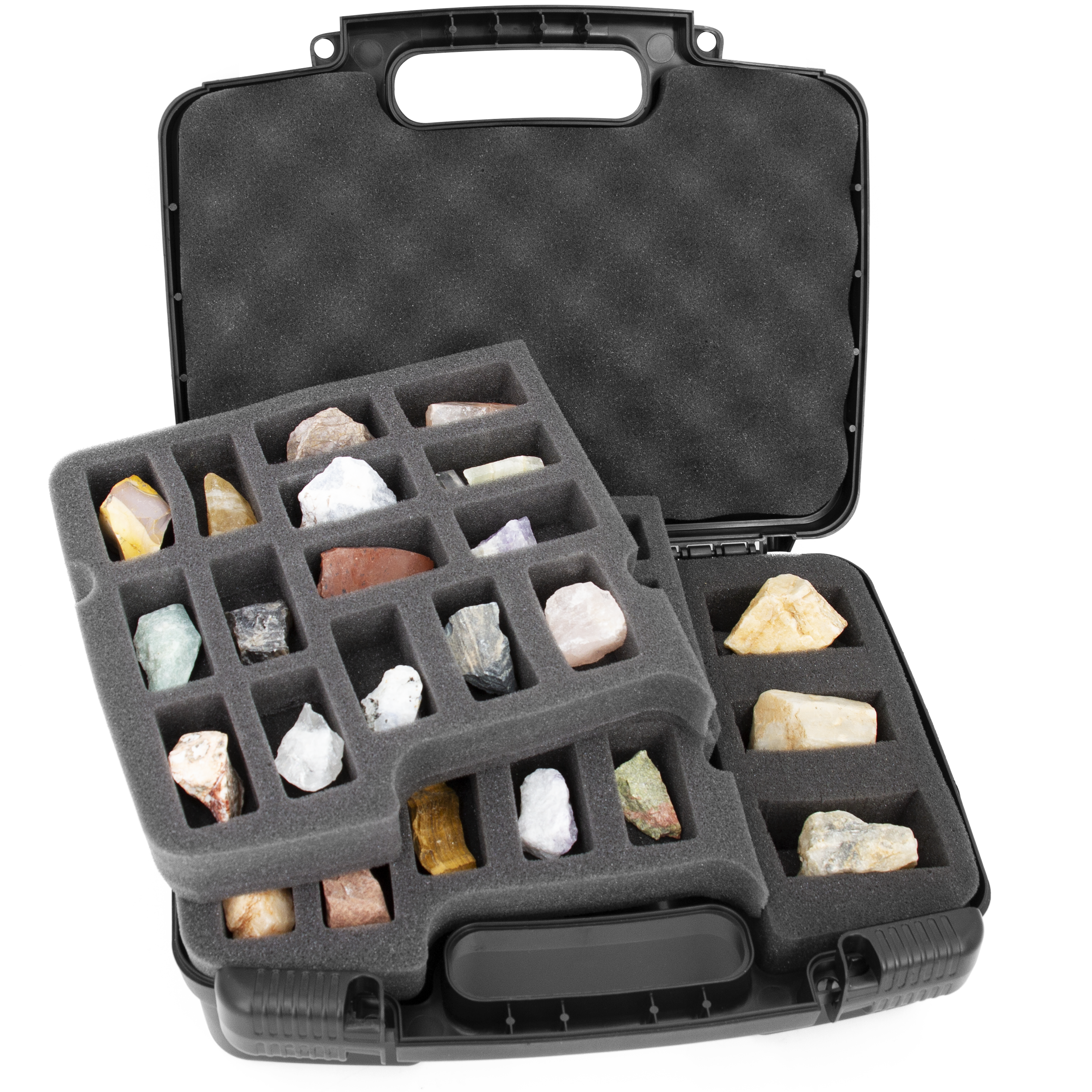 CASEMATIX Rock Collection Travel Case - 30 Slot Rock Storage Box with 2 Pre-Cut Foam Trays, Customizable Foam Sections for Crystal Protection | Perfect for Geology Field Trips, Mineral Collecting & Travel Organization