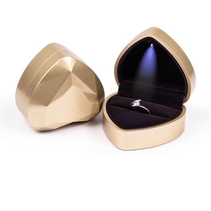 Heart Shaped LED Wedding Ring Box - Velvet Jewelry Display Case for Proposal, Engagement, Wedding, Valentine's Day, Anniversary & Christmas Gifts - Romantic Proposal Accessories for Couples (Gold)