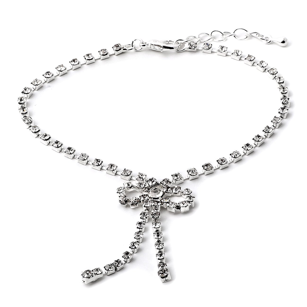 Elegant Silver Crystal Rhinestone Link Anklet with Loose Ribbon Accent - Perfect for Weddings, Parties & Beach Vacations