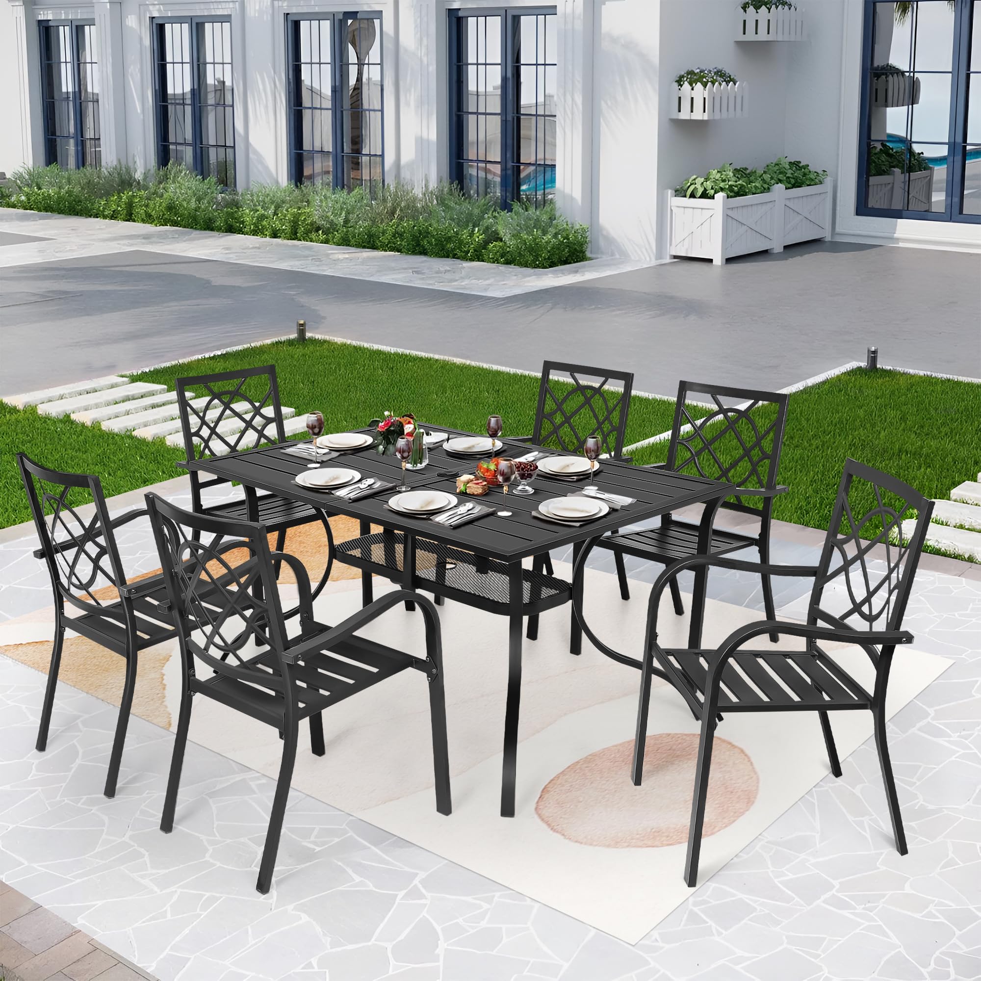 SUNCROWN 7-Piece Outdoor Wrought Iron Patio Dining Set - 6 Stackable Metal Chairs & 1 Steel Bistro Table for Garden, Backyard, Deck | Perfect for Outdoor Entertaining, BBQ Parties & Relaxing in the Sun