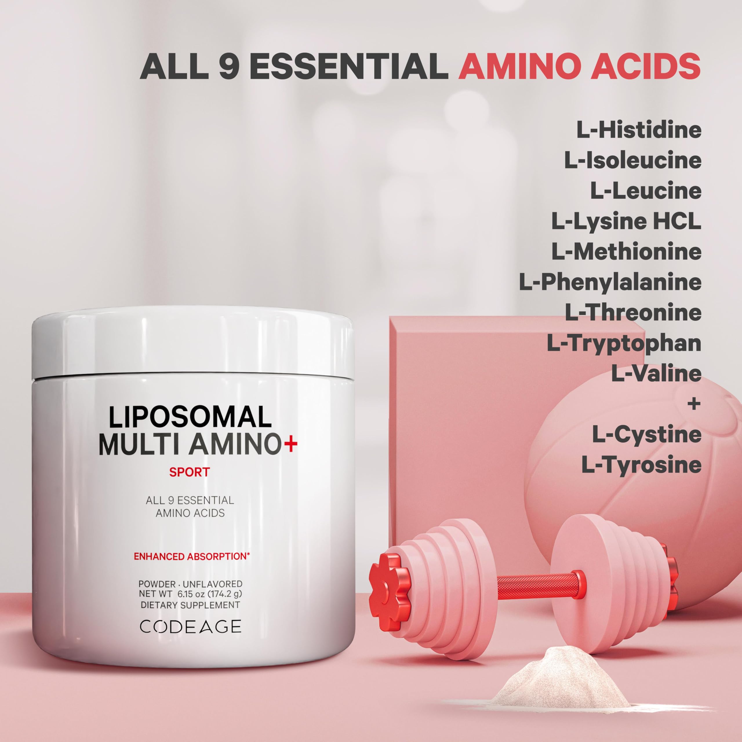 Codeage Liposomal Multi Amino Powder Supplement - BCAA & EAA with All 9 Essential Amino Acids | Branched-Chain Amino Acid Support | Pre & Post Workout Recovery | Unflavored Non-GMO Formula | Liposomal Delivery for Better Absorption | 6.15 oz Powder | Ideal for Athletes, Fitness Enthusiasts & Muscle Recovery