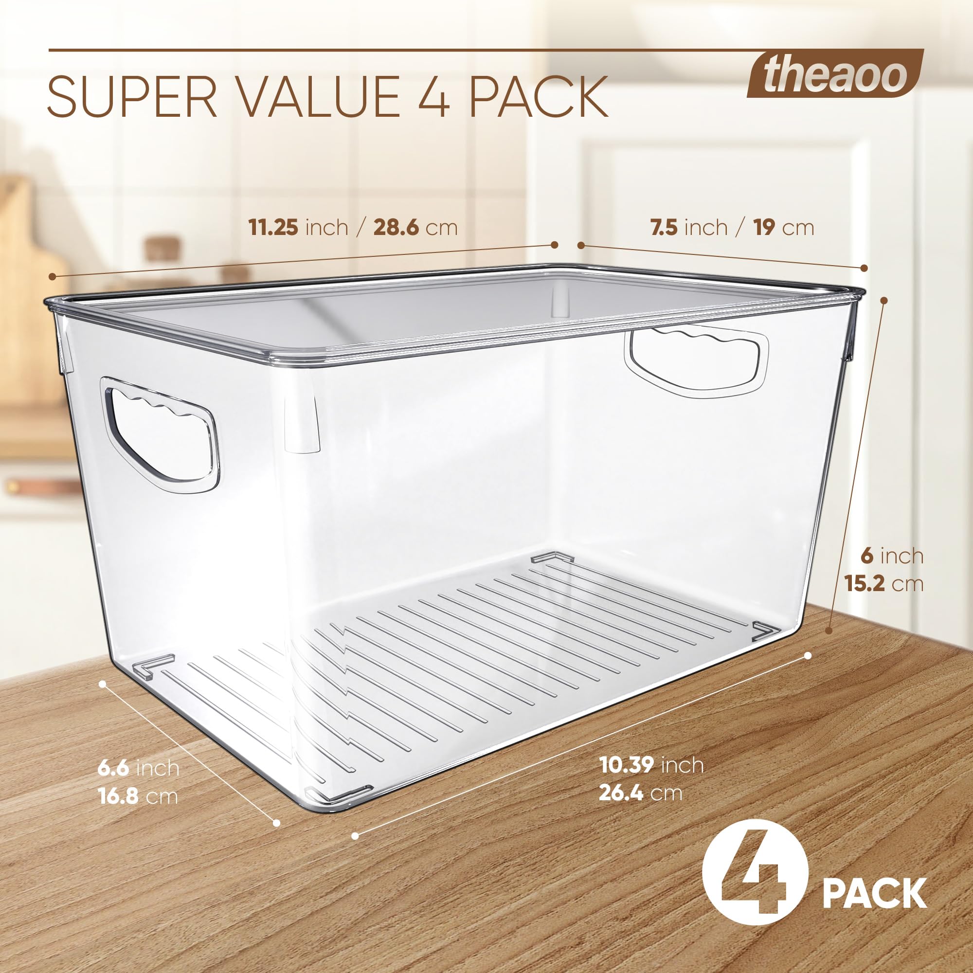 Theaoo Clear Plastic Storage Bins with Lids - 4 Pack Stackable Large Containers for Pantry, Kitchen, Fridge Organization | Perfect for Laundry Room, Bathroom, Garage & Closet Storage Solutions | Durable Cabinet Organizer for Home & Office Use