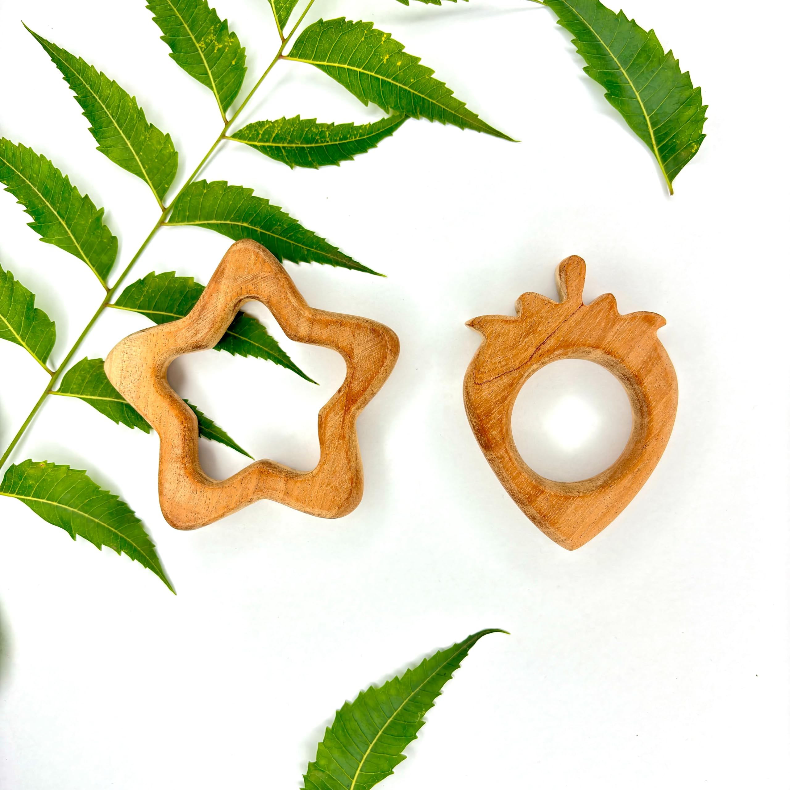 Organic Neem Wood Teething Rings for Babies 6-12 Months | BPA-Free Star & Pear Shaped Teether Toy | Natural Wooden Chew Toy for Infants & Toddlers | Safe Chemical-Free Baby Teether for Soothing Sore Gums - Perfect for Home, Travel & Daycare Use