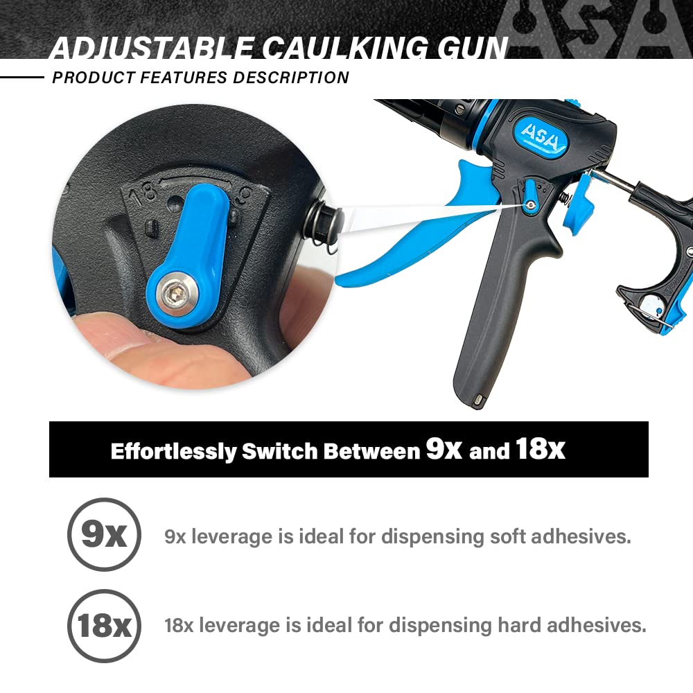 ASA Black Caulking Gun - Drip-Free Caulk Gun with Ergonomic Steel Handle, Adjustable 9:1 or 18:1 Thrust Ratio for 1/10 Gallon Cartridges - Ideal for Post-Disaster Recovery, Home Repairs, and DIY Projects
