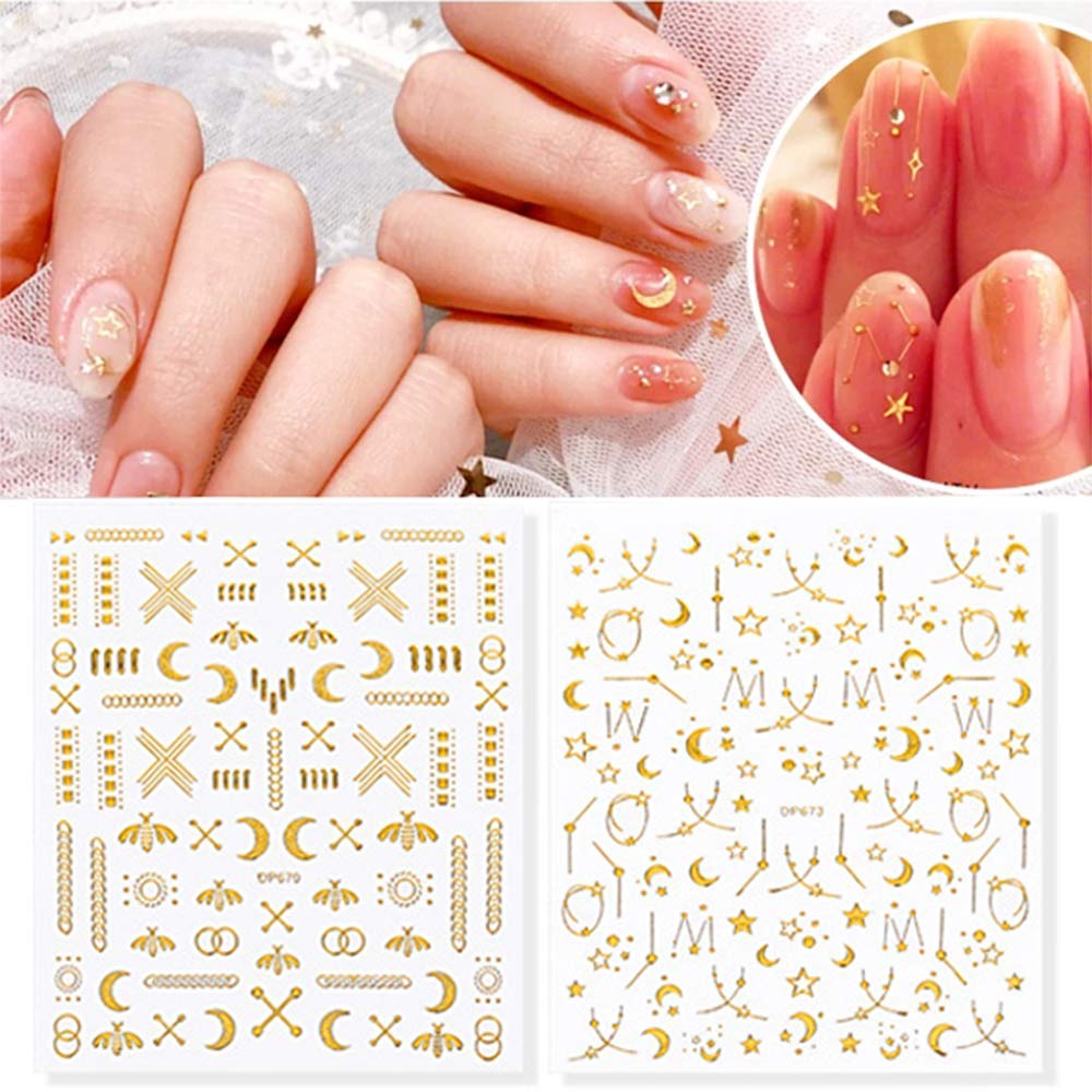 3D Gold Star Nail Art Stickers - Self Adhesive Metallic Nail Decals (6 Sheets) for DIY Manicure, Acrylic Nails & Nail Art Decorations - Luxury Moon & Money Design Nail Supplies - Perfect for Parties, Weddings, Holidays & Special Occasions