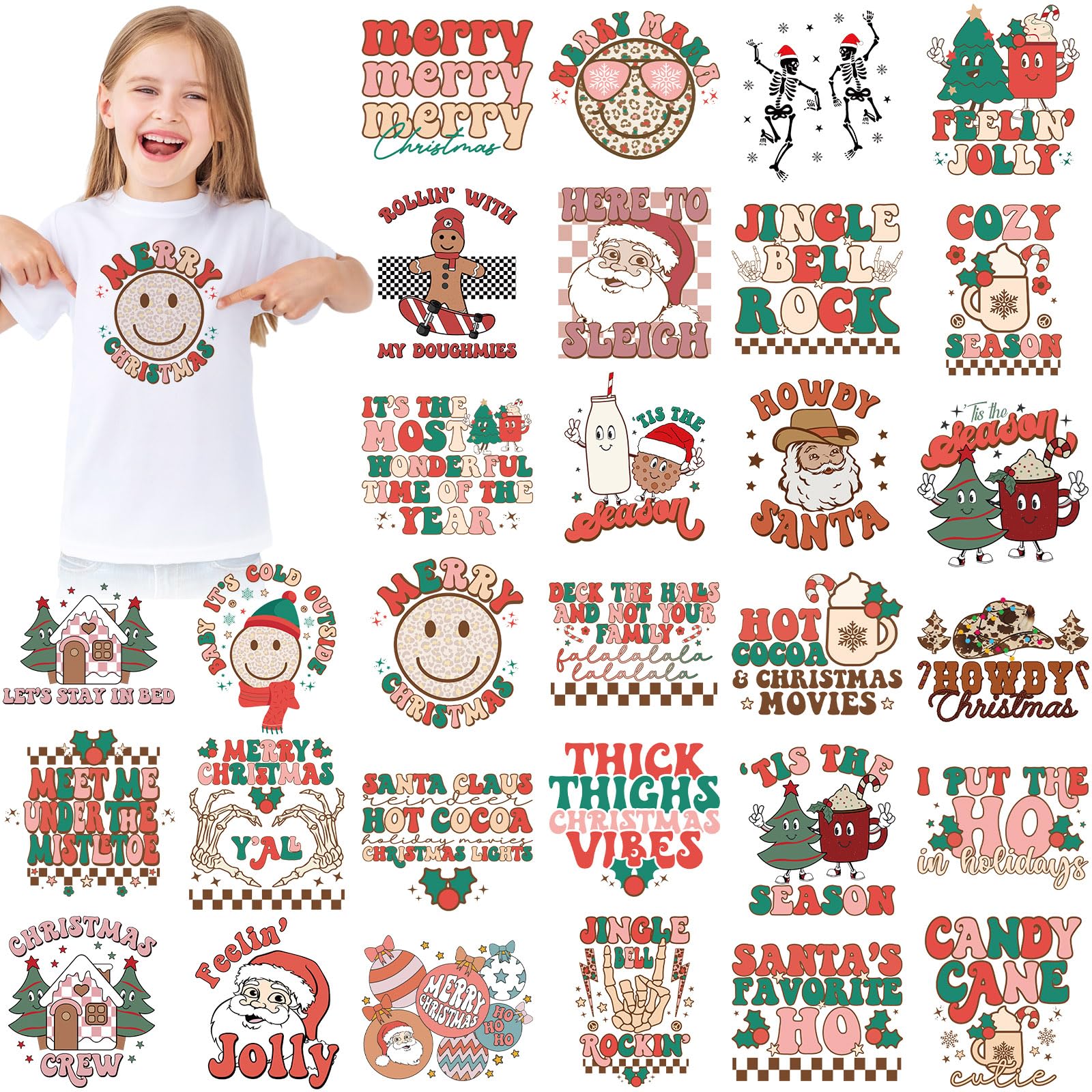 Estune 30 Pcs Christmas Iron-On Transfers - Retro Santa & Gingerbread Heat Transfer Vinyl Decals for DIY Clothing, Bags & Holiday Decorations (Xmas Party, Gift Wrapping, Festive Home Decor)