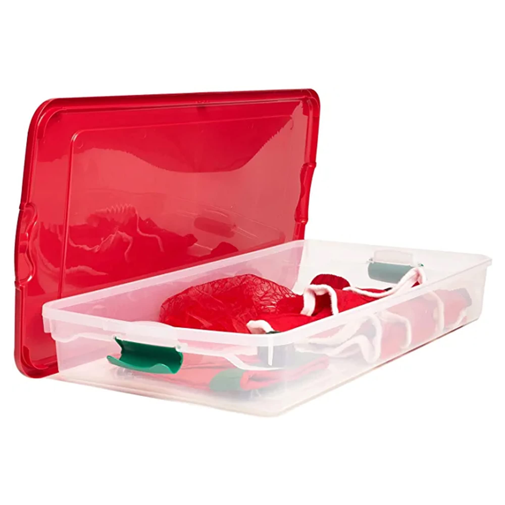 HOMZ 60-Quart Holiday Plastic Underbed Storage Bins with Red Latching Lids - 4 Pack Clear Rolling Storage Containers for Home Organization (Green Latches) | Perfect for Seasonal Clothes, Blankets & Bedding Storage Under Bed
